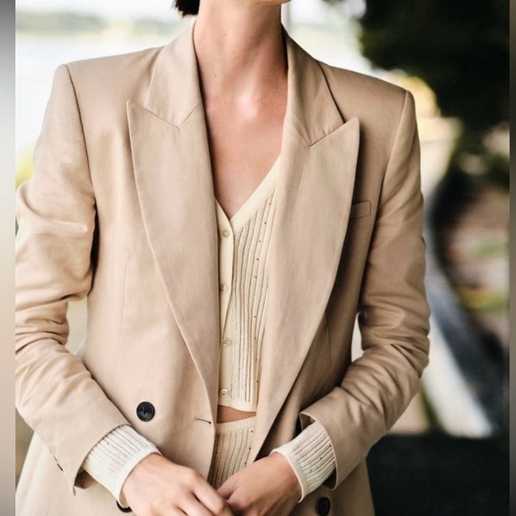 ZARA LINEN BLEND DOUBLE BREASTED BLAZER SAND. SIZE MEDIUM - Picture 7 of 8
